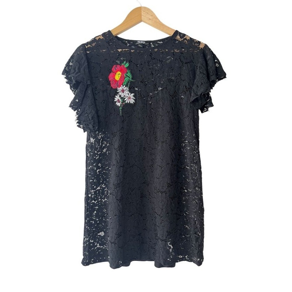 Zara Trafaluc Black Lace Floral‎ Embroidered Mini Dress Flutter Sleeve Party L